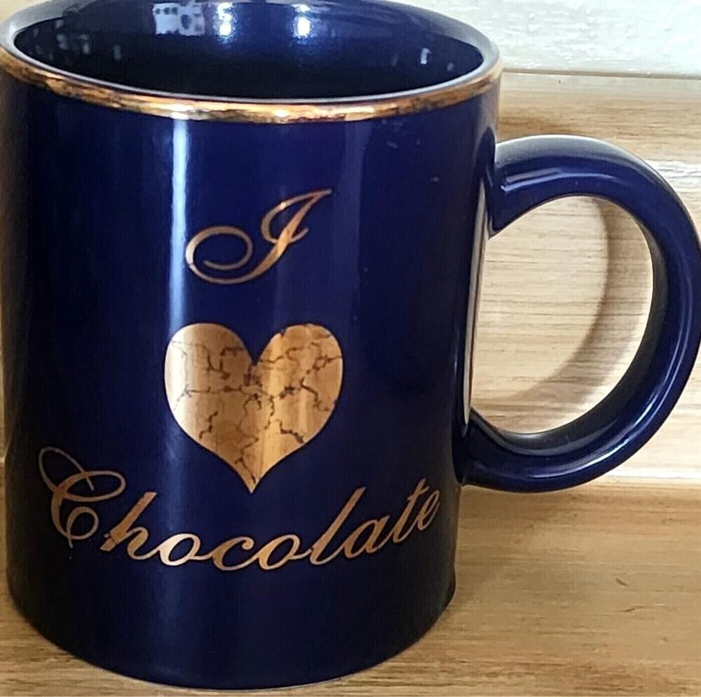 Russell Stover Candies I Love Chocolate Advertising Coffee Mug Ceramic Blue